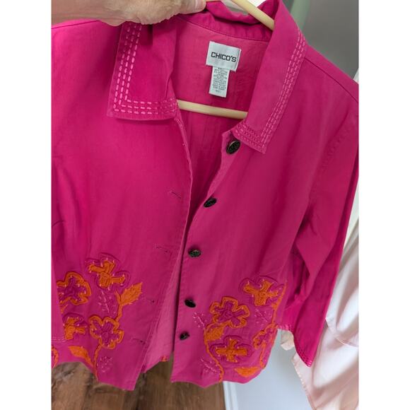 Chico's sz 1 jacket Womens Large Floral Embroidered Button Down Pink Orange - Picture 2 of 8